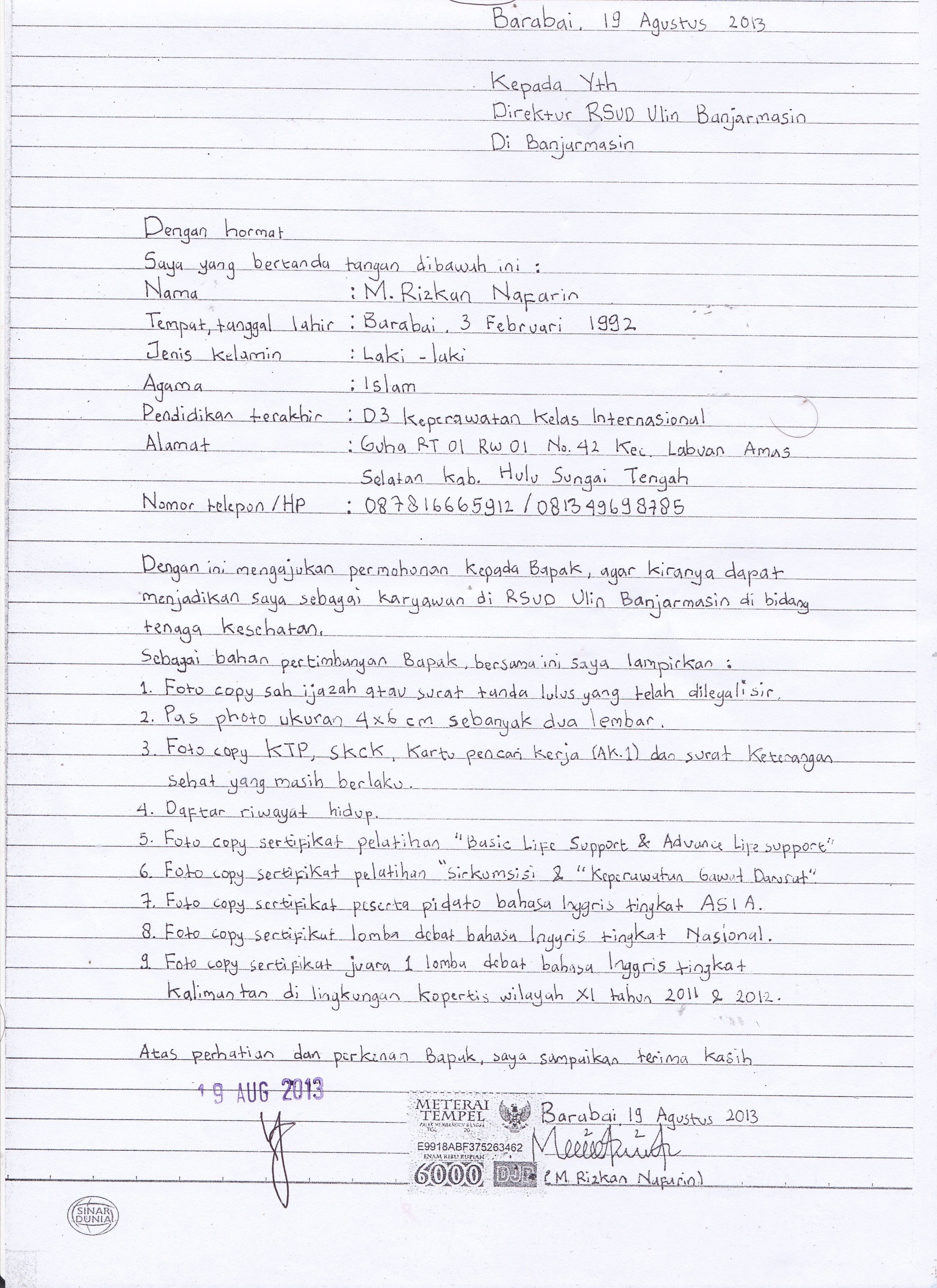 Contoh surat lamaran kerja  STIKES Muhammadiyah 